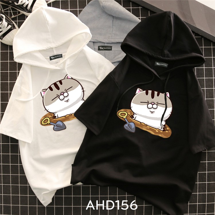 AHD156 Áo thun teen nam nữ HOODIE TAY LỠ CÓ NÓN hình mèo ami đào hố