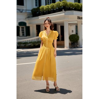 Đầm dập ly vàng chun eo -HBV1173