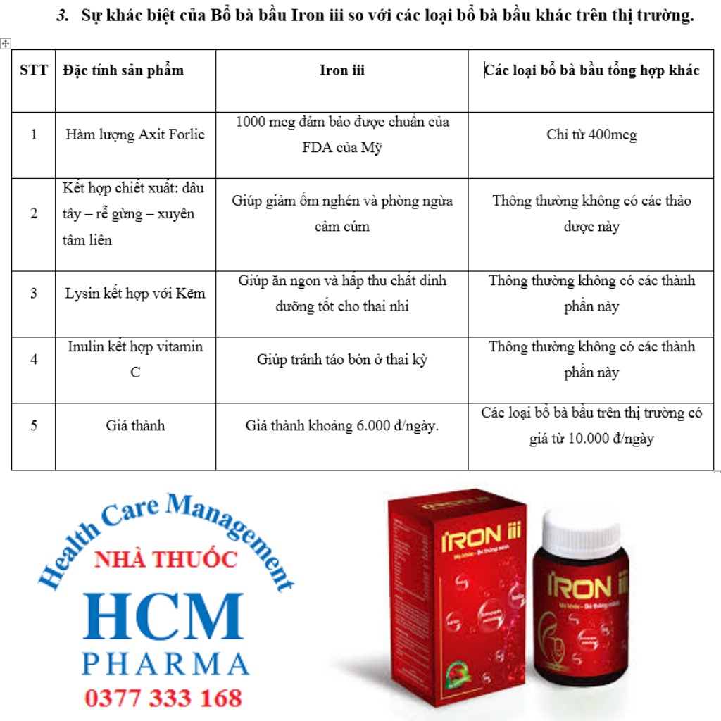 Sắt vitamin DHA cho bà bầu pregnancy IRON III PLUS with Omega 3 vitamin C kẽm 30 viên BPC05