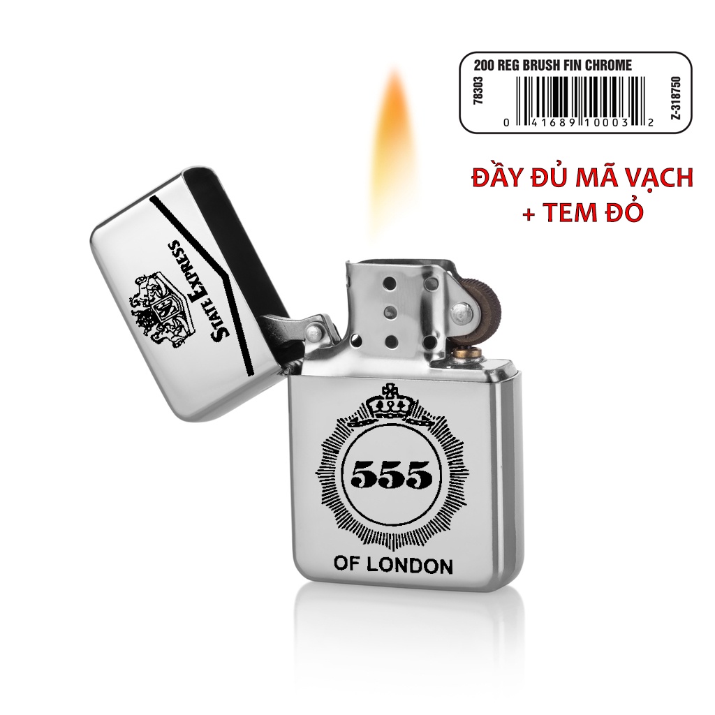 Bật zippo bạc, hộp quẹt Satin Chrome 555 vỏ dày hàng Mỹ- KenZ