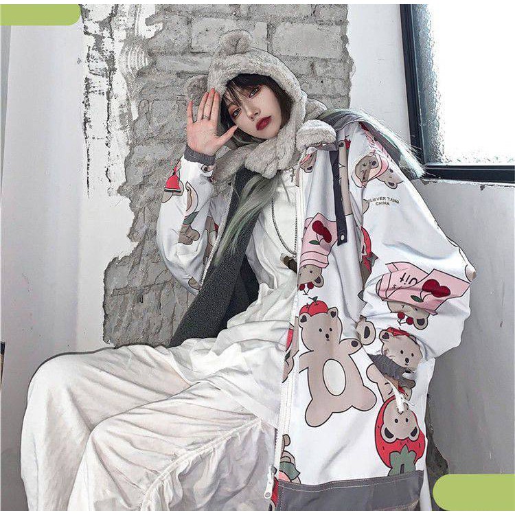 Áo Khoác Gió Gấu Teddy 🦋 Áo Gió 2 Lớp In Hình Kèm Mũ Tay Bo Dáng Rộng 🦋