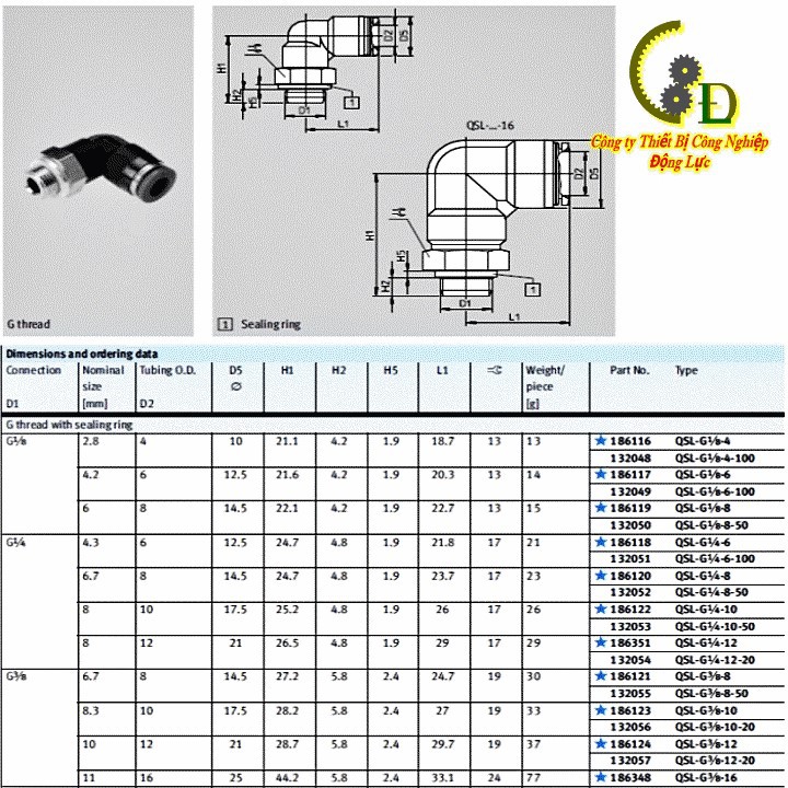 Khớp nối nhanh L ren ngoài ống khí Festo Đức, đầu cút  nối góc dây hơi máy nén khí phi 4, 6, 8, 10, 12 QSL-G