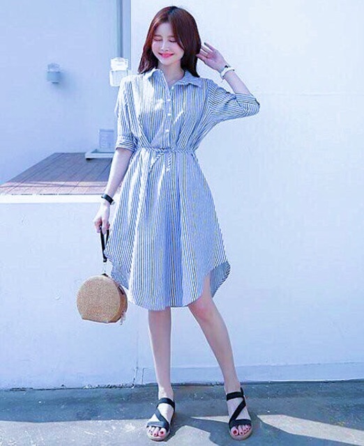 Đầm váy sơ mi sọc tà tròn xuongvnxk