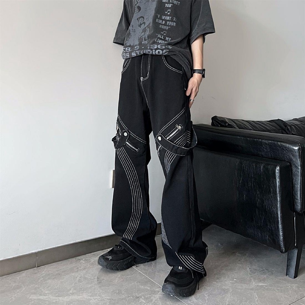 Quần Dài Ống Rộng Màu Đen Phong Cách Hip Hop Đường Phố Mỹ Cá Tính Dành Cho Nam Nữ