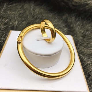 set 1 vòng tay trơn 1  nhẫn trơn 2 chỉ mạ vàng 24