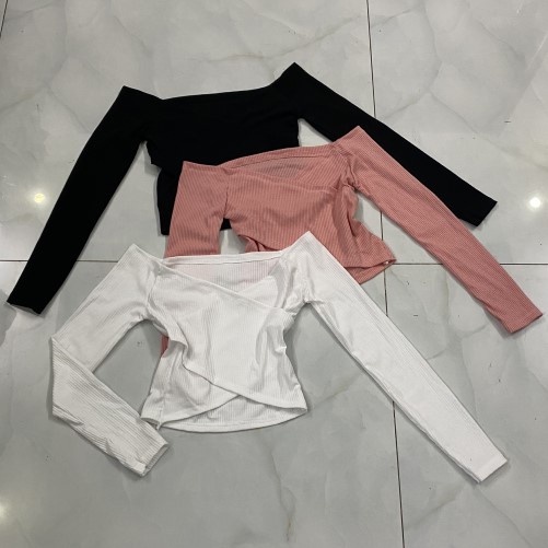 Áo kiểu nữ form croptop body đắp chéo cổ V tay dài