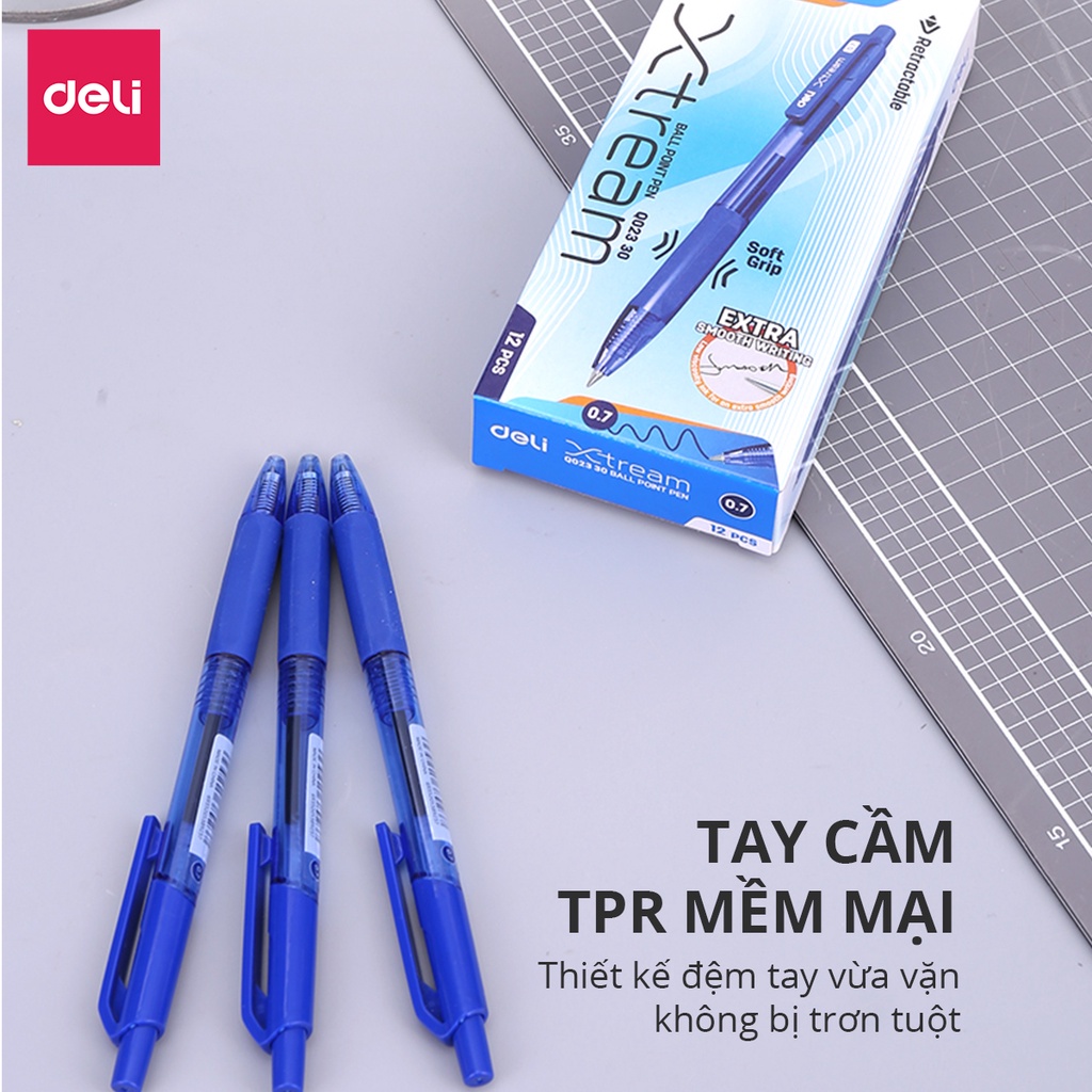 Bút bi bấm ngòi 0.5mm 0.7mm Deli mực xanh đen đỏ nét viết đều đệm tay cao su chất lượng cao phù hợp học sinh văn phòng