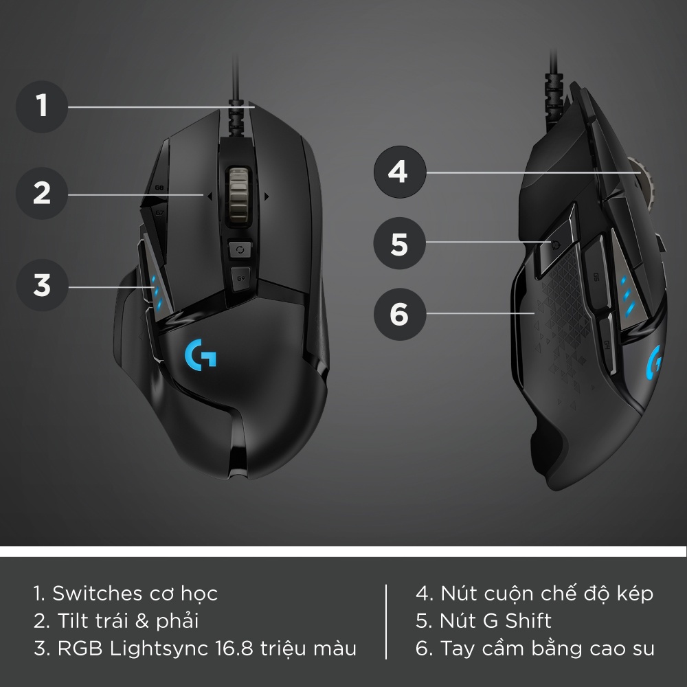 Chuột game có dây Logitech G502 Hero - Cảm biến Hero 25k, RGB, 11 nút lập trình - Hàng Chính Hãng