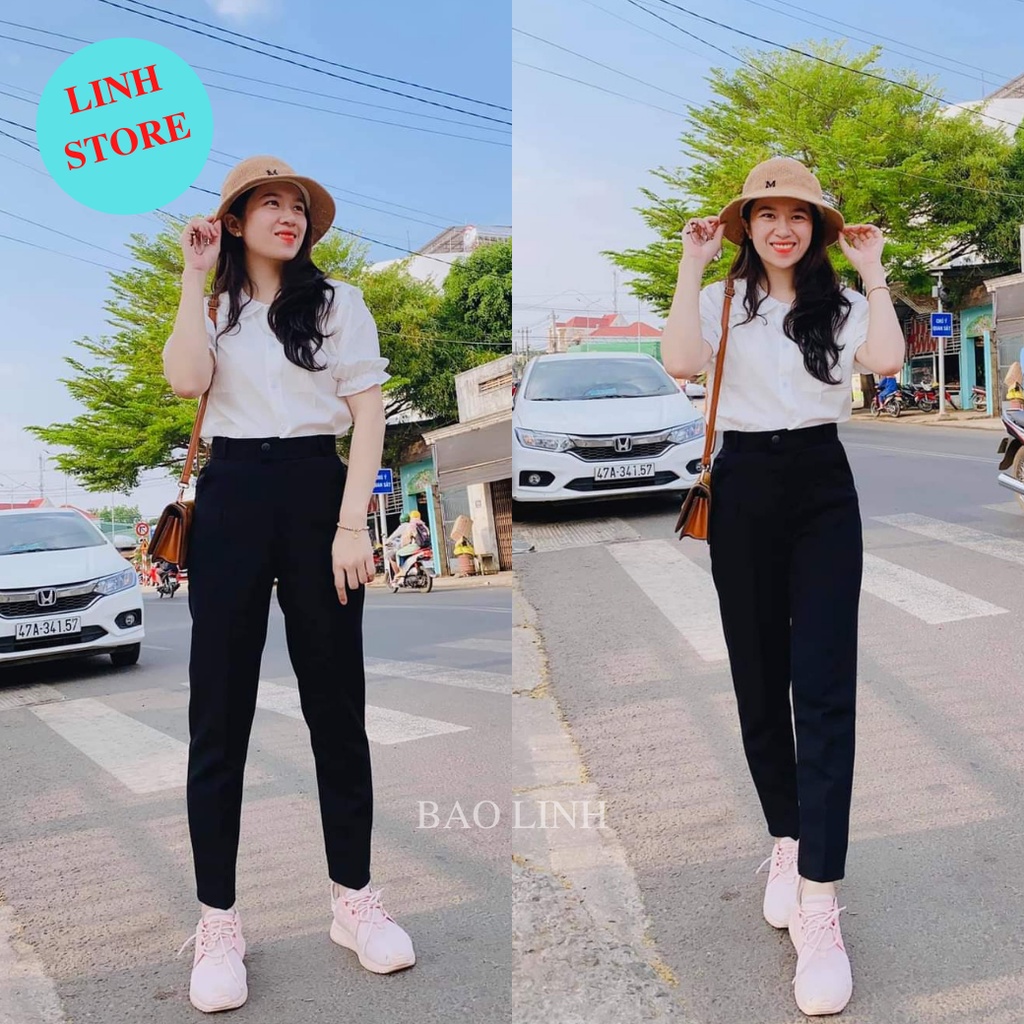 Quần Vải Nữ Cạp Cao Baggy Công Sở Phối Khuy Lệch Chất Liệu Tuyết Mưa Hãng Vitex
