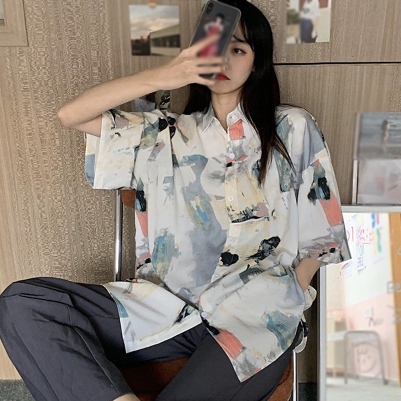 Áo Sơ Mi Tay Ngắn Chất Chiffon Hoạ Tiết In Thiết Kế Dáng Rộng Thoải Mái