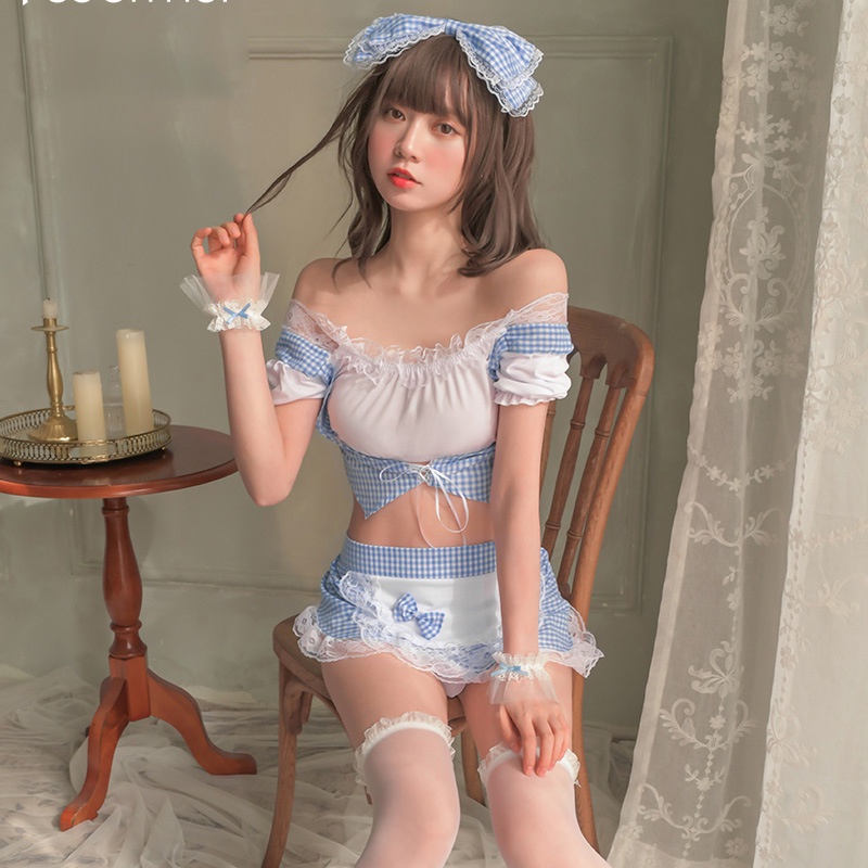 Đồ cosplay hầu gái xanh caro trắng sexy gợi cảm váy ngủ nàng hầu maid 2 mảnh kèm phụ kiện dễ thương BIKI HOUSE N772