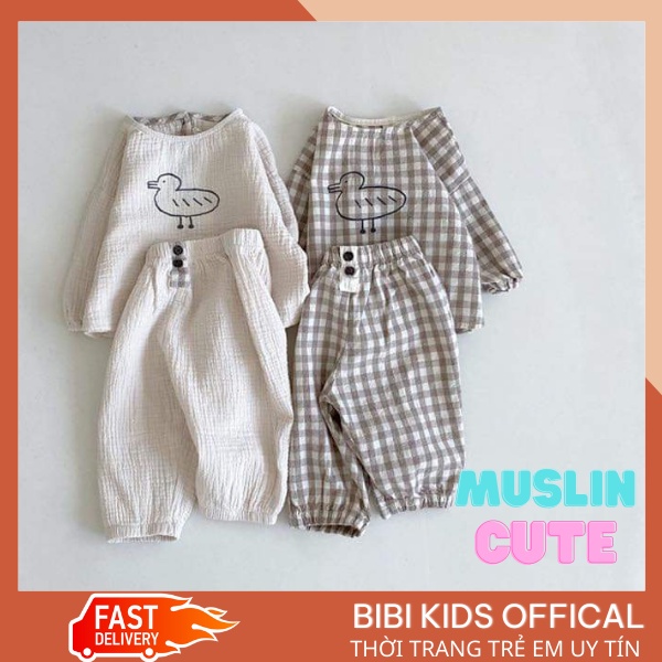 Bộ xô Muslin dài tay họa tiết vịt con cho bé
