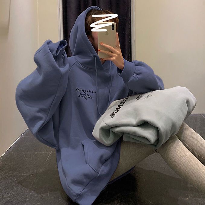 Áo Hoodie Len Lông Cừu Dày Dáng Rộng Thêu Họa Tiết Phong Cách Hàn Quốc Thời Trang Mùa Đông Cho Nữ