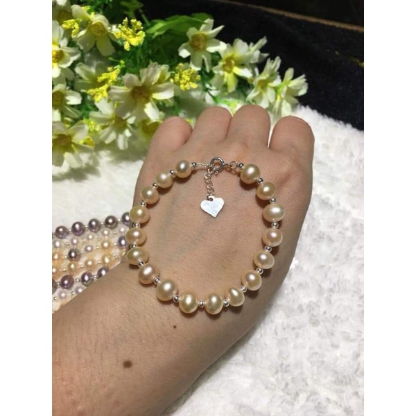 Vòng tay trai nước ngọt phối bi bạc xi vàng