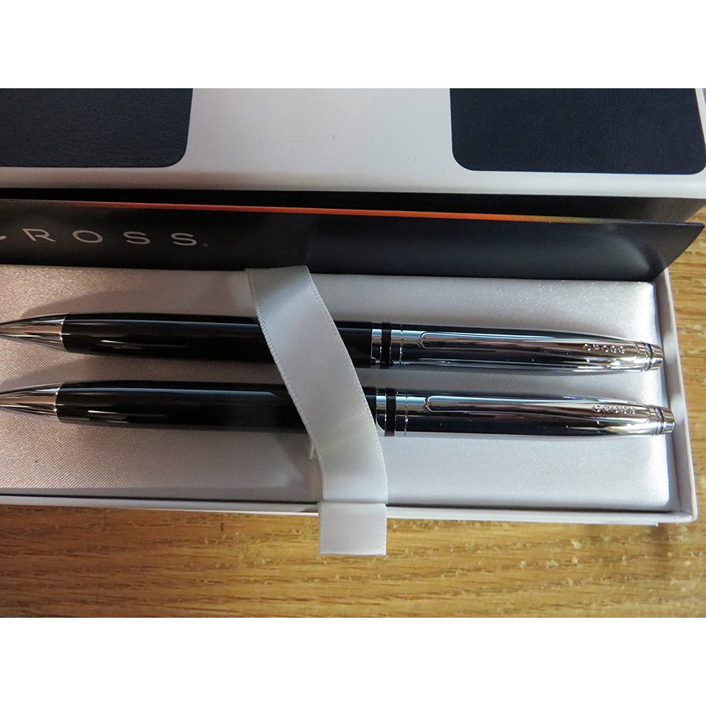 Cặp bút viết cao cấp chính hãng nhập từ Mỹ Cross LACQUER Chrome đen: viết bi + viết chì  làm quà tặng