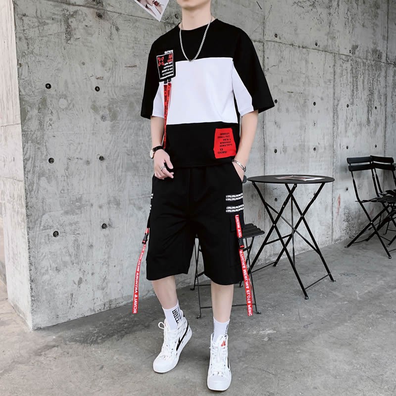 Bộ Quần Áo Thun Nam Cổ Tròn Tay Ngắn Phối Hai Màu Quần Phối Dây Chữ Cá Tính Thời Trang MENFASHION1989 SET NAM 9000039