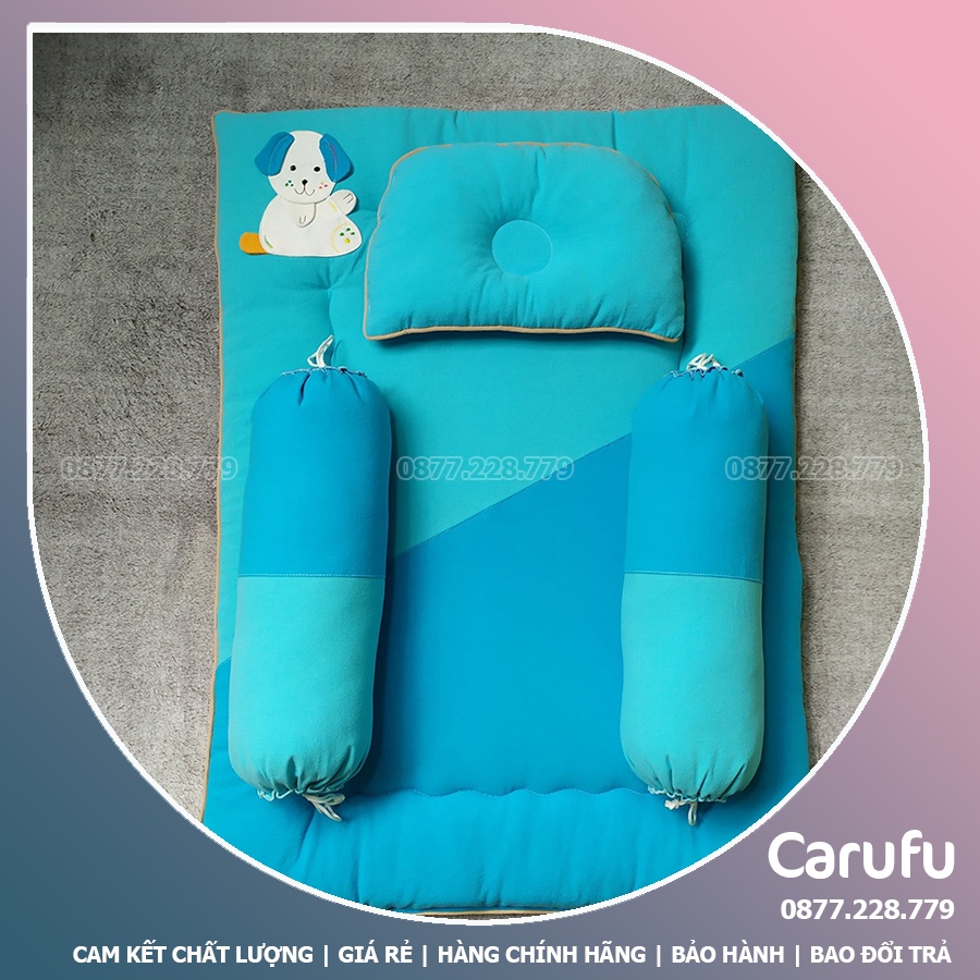 Bộ Nệm Gối cho bé sơ sinh CARUFU | Nệm + Gối Lõm + 2 Gối Ôm | Cotton Thắng Lợi và CARA siêu êm mát và giặt máy thoải mái