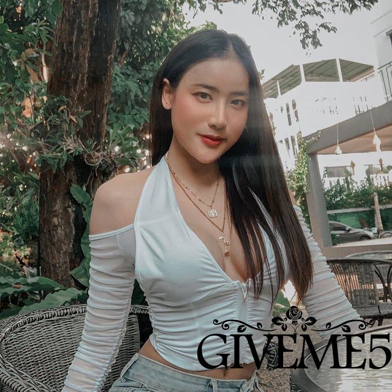 Áo thun dài tay cổ chữ V gợi cảm dành cho nữ