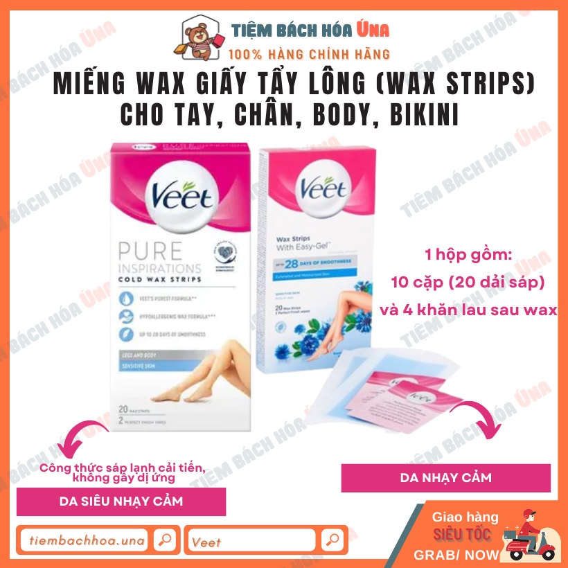 Miếng giấy tẩy lông VEET wax strips triệt lông chân, tay, body, bikini