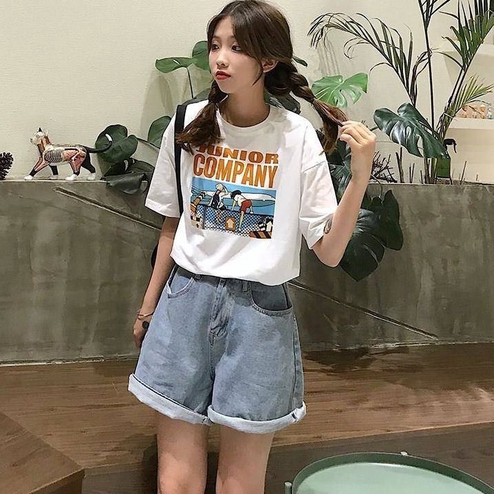 Women's Round Collar Summer Schoolgirl Korean Version Printed Removable Short Sleeve T-shirt Simple