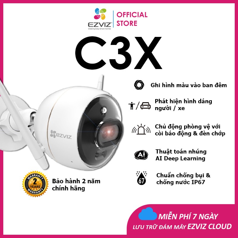 Camera WIFI Ngoài Trời EZVIZ C3X 1080P, IP67, Ghi Hình Màu Ban Đêm, AI Phát Hiện CĐ Người/Xe,Nén Video H265