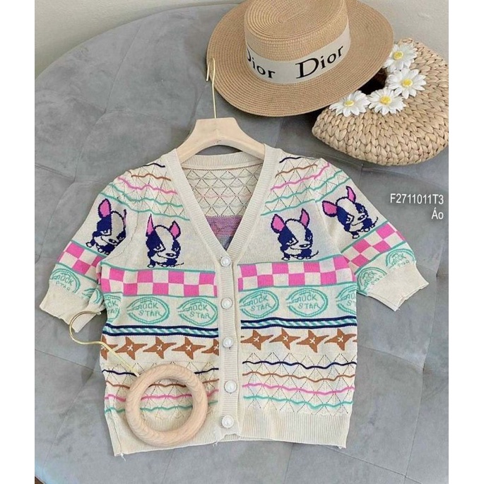 Áo len nút họa tiết phối hình chó cổ tim tay ngắn hàng Quảng Châu