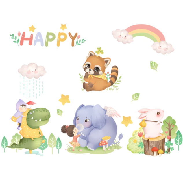 Decal trang trí tường - Những người bạn thú dễ thương Happy