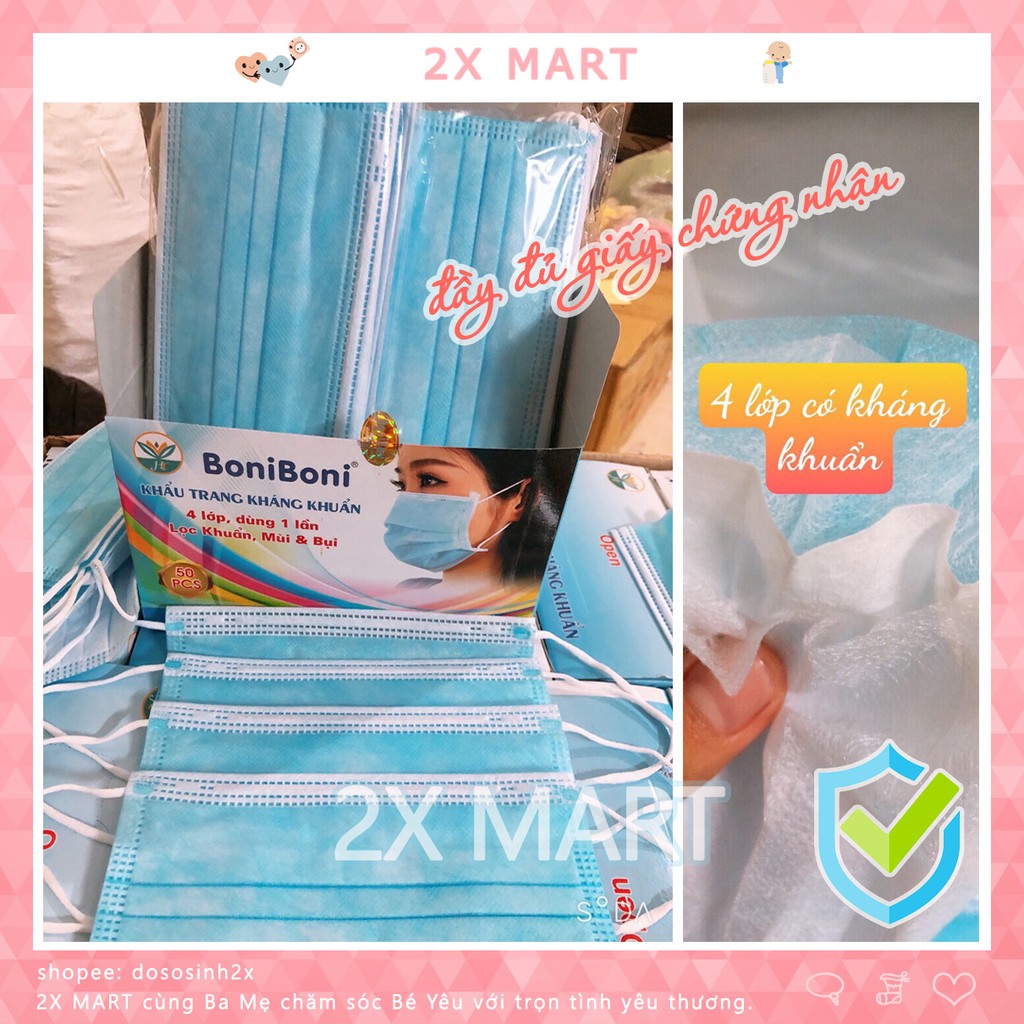 Khẩu Trang Y Tế 4 Lớp Kháng Khuẩn 50 Chiếc Ngăn Ngừa Vi Khuẩn, Khói Bụi Độc Hại - 2X MART