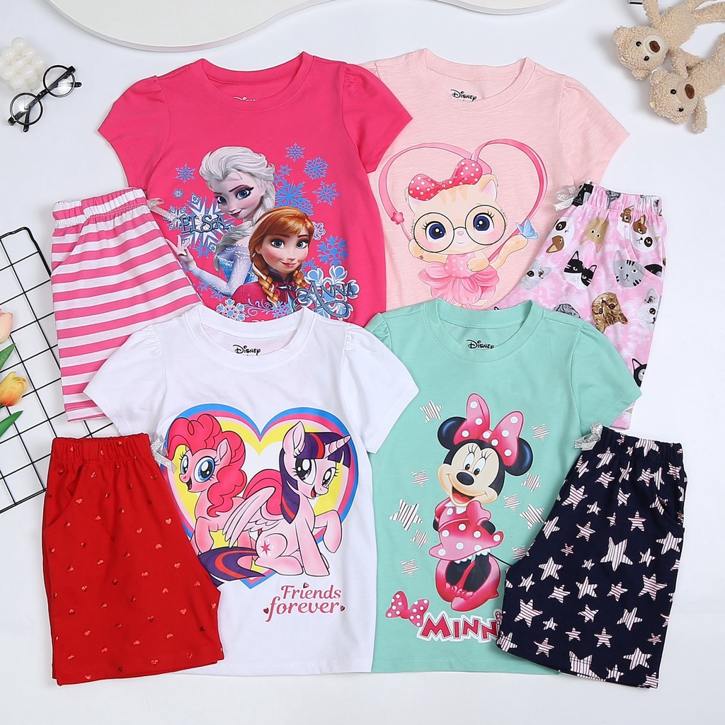 Bộ thun ngắn xuất dư Disnep họa tiết cho bé gái bé gái 15-45kg