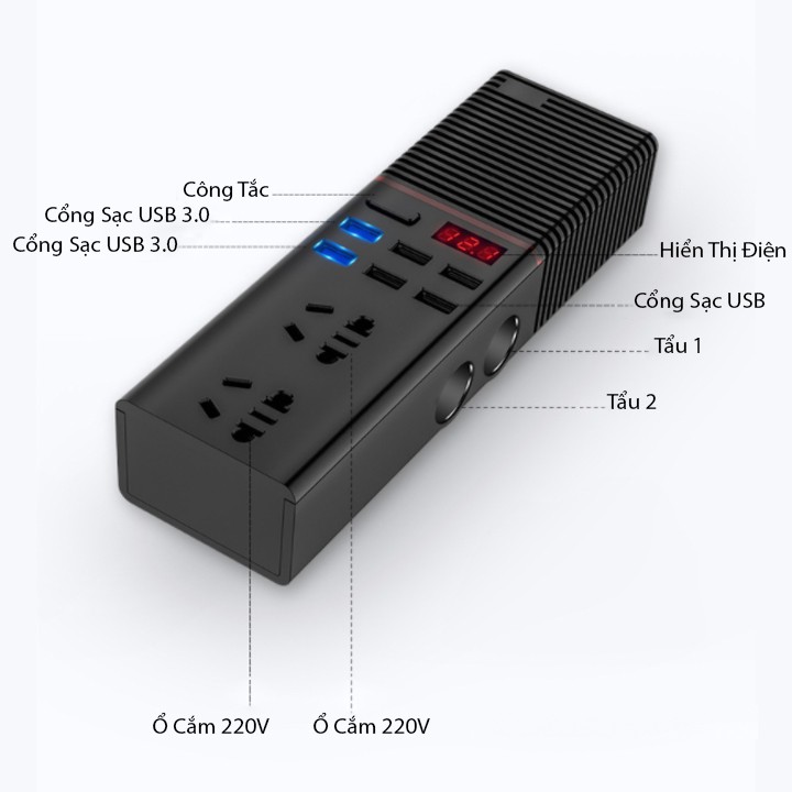 Bộ chuyển nguồn ô tô 12V 24V lên 220V hỗ trợ cổng sạc nhanh usb