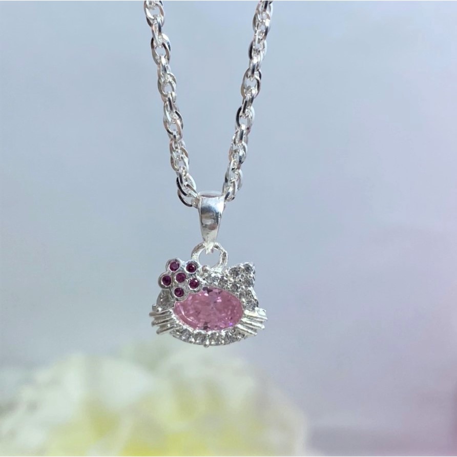 Dây chuyền bé gái mặt hình mèo đính đá, chất liệu bạc ta cao cấp - Trang sức bạc Evasilver