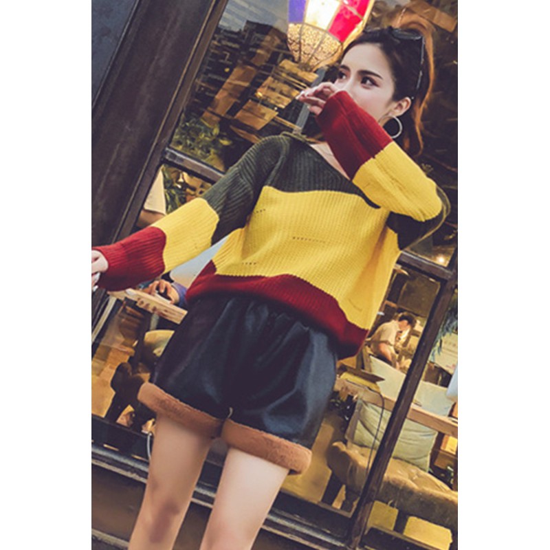 Áo len trùm đầu V- cổ + quần da PU quảng châu order | BigBuy360 - bigbuy360.vn