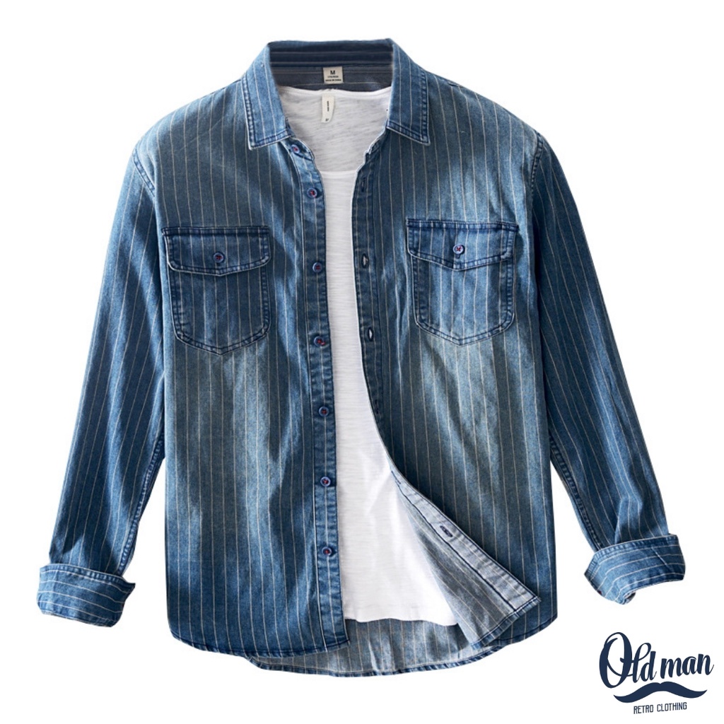 Áo Sơ Mi Nam Dài Tay Vintage Có Túi Kẻ Sọc, Áo Khoác Denim Dày Dặn Phong Cách Cổ Điển, Retro, Trẻ Trung OLDMAN