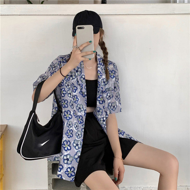 IELGY Áo Sơ Mi Tay Ngắn Họa Tiết Hoa Retro Thời Trang Cho Nữ