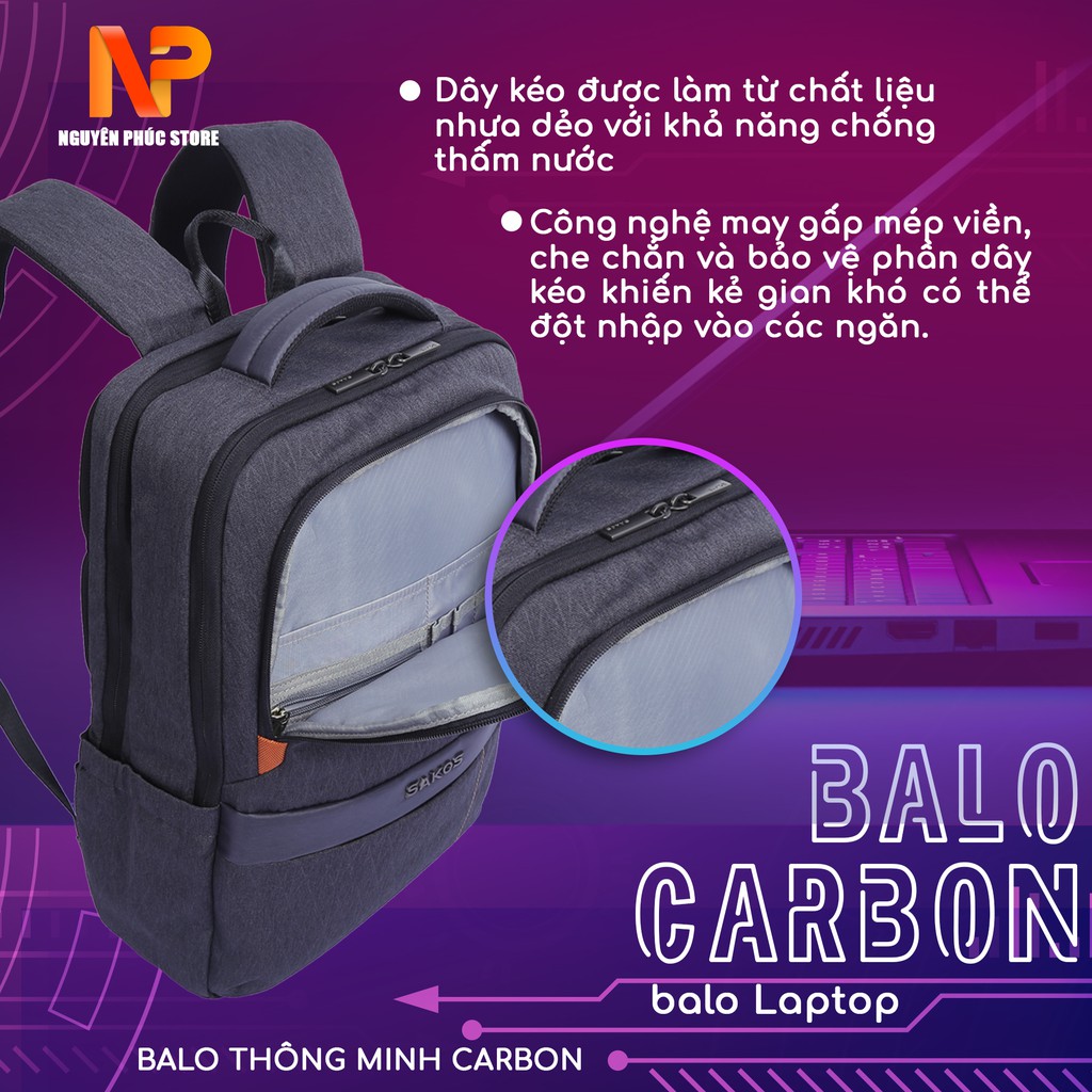 Balo Laptop 15.6 Inch Sakos Carbon,chất liệu chống nước,nhiều ngăn rộng rãi,tích hợp cổng sạc USB