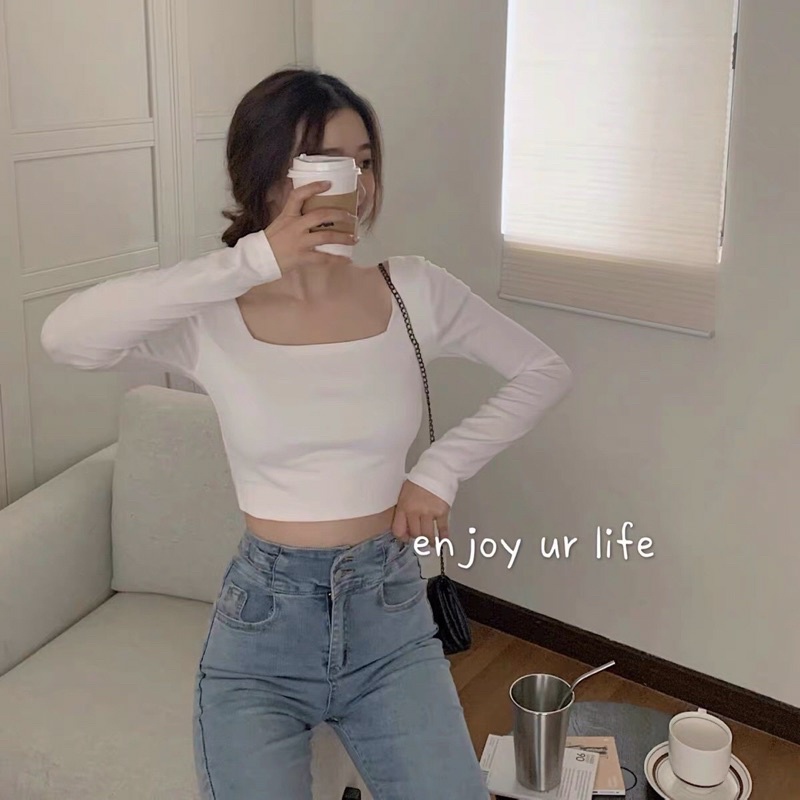 [Rẻ Vô Địch ] Áo croptop body cổ vuông 2 màu Đen Trắng - chất bo tăm co dãn , trẻ trung