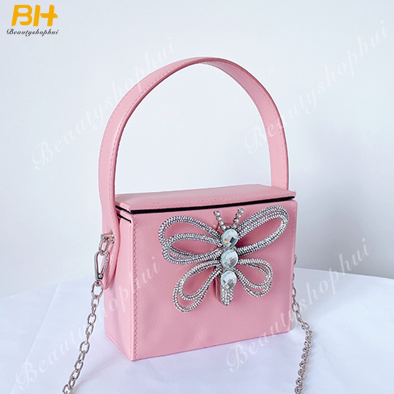 Túi Xách Da PU Cầm Tay Dáng Vuông Nhỏ Đính Đá Thời Trang 2022 Sang Trọng Cho Nữ