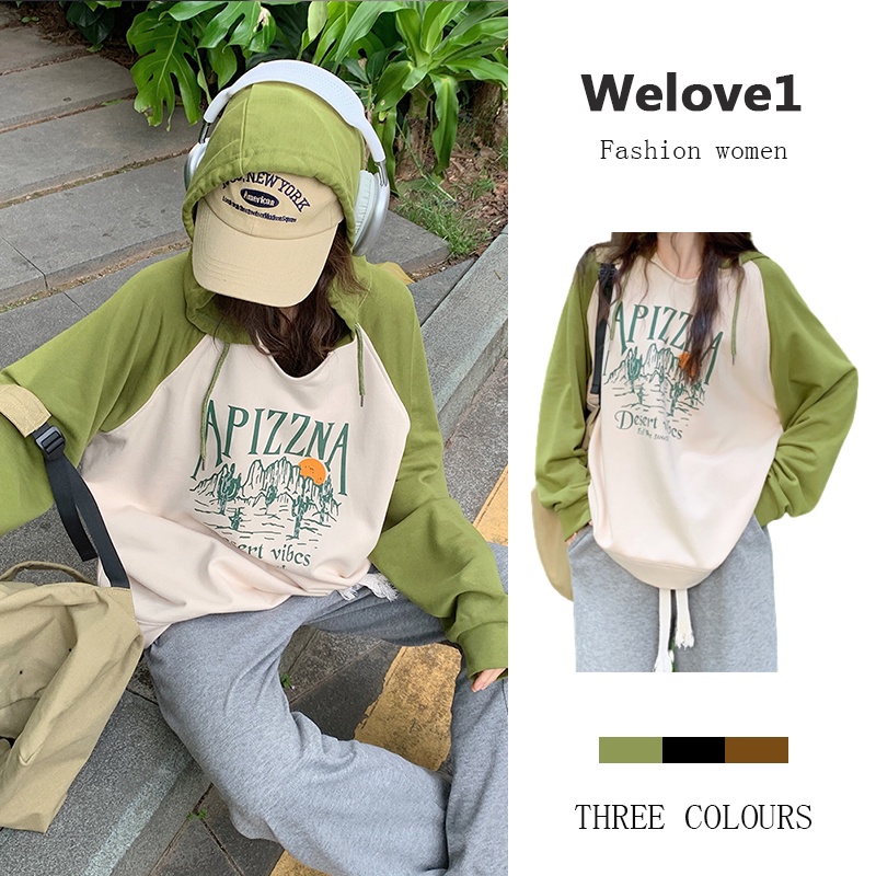 Áo Hoodie Dây Rút Tay Dài Dáng Rộng In Chữ Màu Khối Màu Sắc Phong Cách Hàn Quốc Dành Cho Bạn Nữ