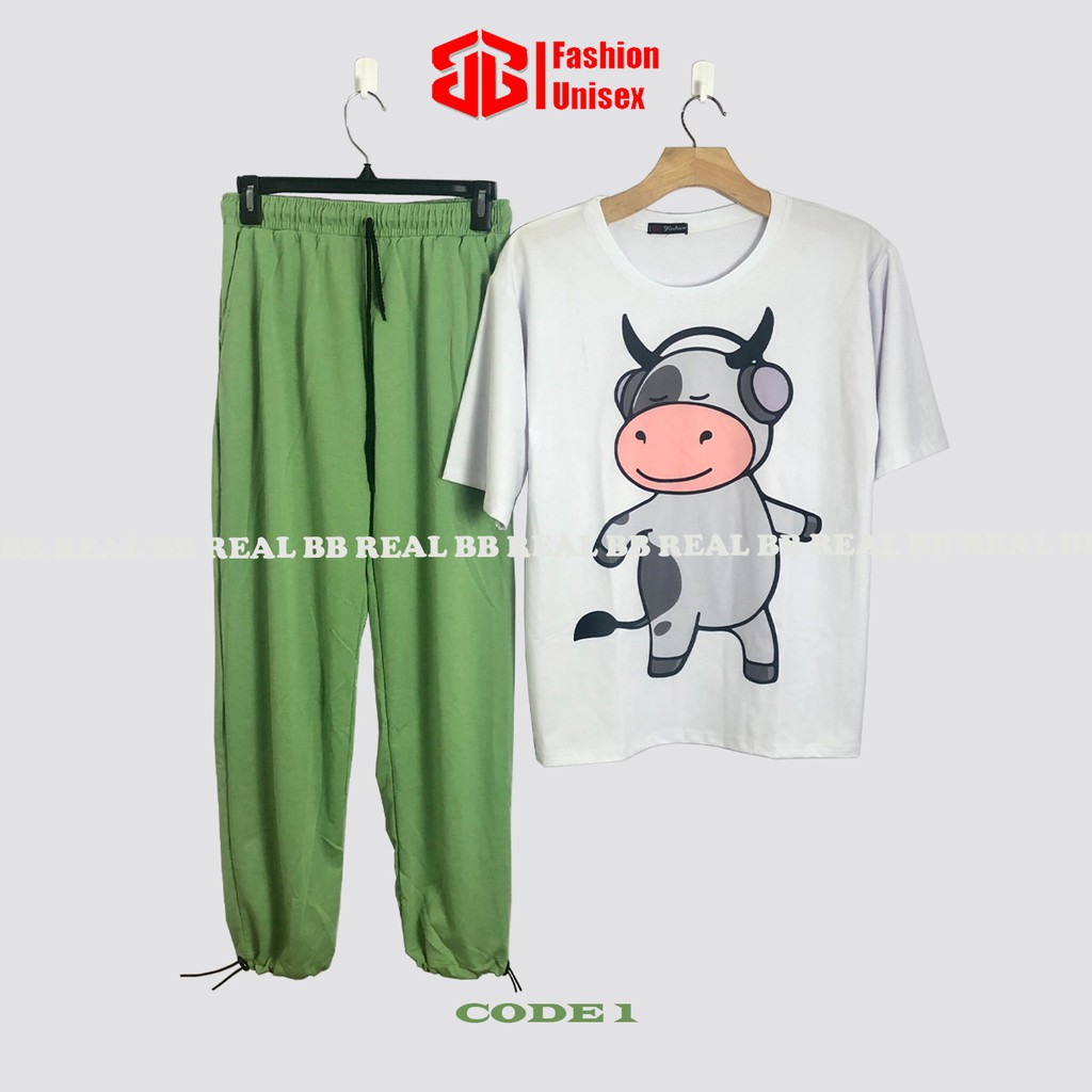 ĐỒ BỘ THUN DÂY RÚT - (Nhiều Mẫu) QUẦN XANH LÁ, ÁO CARTOON From Rộng Unisex , THOÁNG MÁT, Freesize DƯỚI 65KG - BB REAL