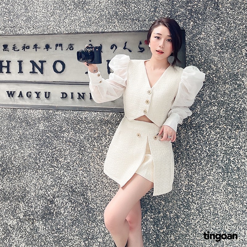 Áo tweed croptop dài tay phối ozganza trắng vai bồng nude tingoan IN PARIS TWEED TOP/WH | BigBuy360 - bigbuy360.vn
