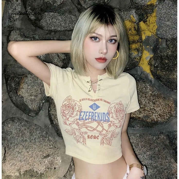 Áo Croptop Cổ Tròn Tay Ngắn Dáng Ôm In Họa Tiết Hoa Xinh Xắn Thời Trang Cho Nữ