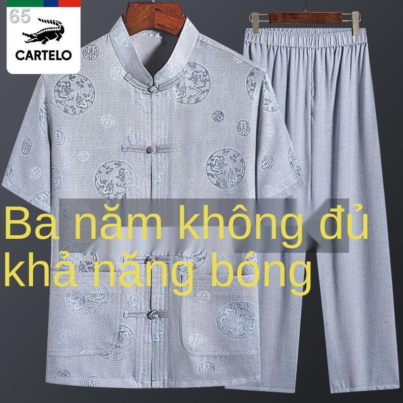 Bộ đồ thường ngày của nam Tang suit cotton và linen ngắn tay ông nội trang phục dân tộc mùa hè bố cao tuổi Hanfu