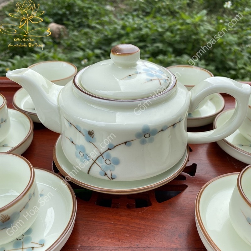 Bộ ấm trà, gốm sứ Bát tràng cao cấp bộ ấm chén tách trà vẽ hoa sen hoa đào