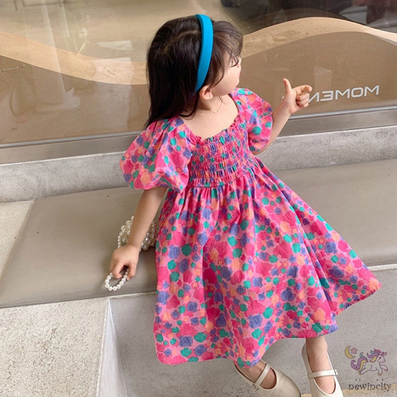 Đầm Công Chúa Tay Phồng Ngắn In Hoa Kiểu Hàn Quốc Thời Trang Mùa Hè Cho Bé Gái