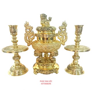 Đồ thờ Tam sự/Ngũ sự Đức Thúy số 1 bằng đồng đỉnh tròn cao 33 cm màu vàng sáng bóng