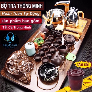 Bộ Bàn pha trà điện gỗ tự đông đa năng phật di lặc 0917 ,Bếp đun nước cảm ứng thông minh kèm Ấm chén gốm sứ tuỳ chọn