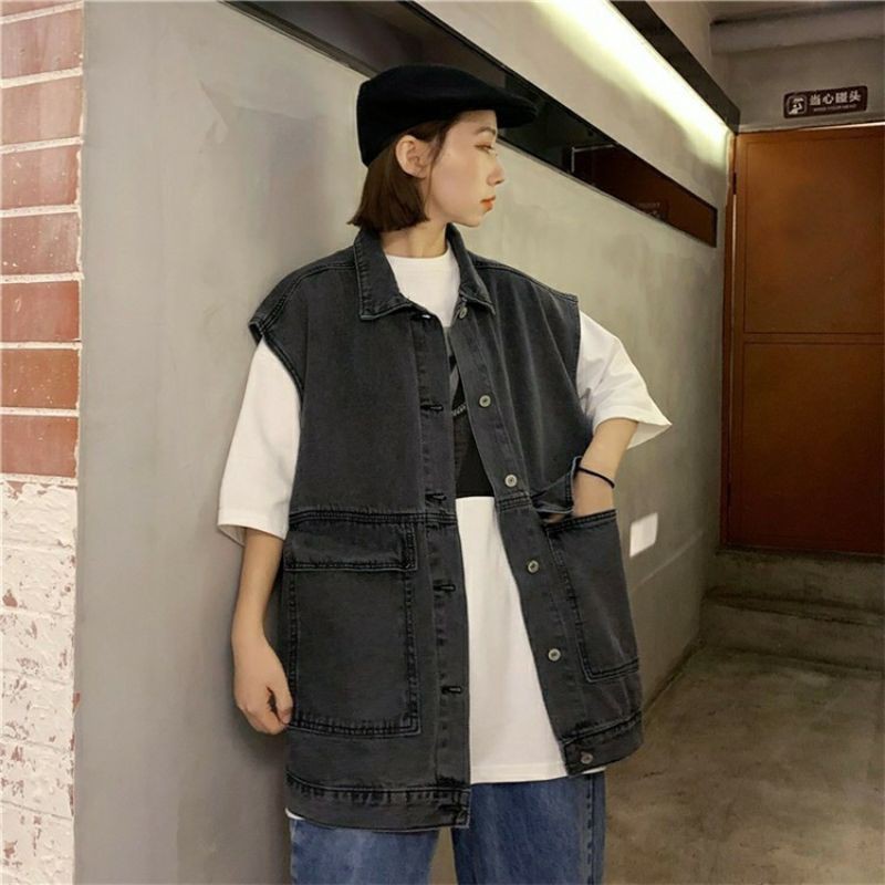 Áo Jeans Gile Denim Unisex Form rộng phong cách Hàn Quốc