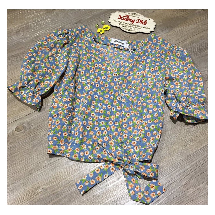 Áo Croptop Hoa Nhí Xanh Bo Eo “Phong Cách Hàn Quốc” Mã QC65