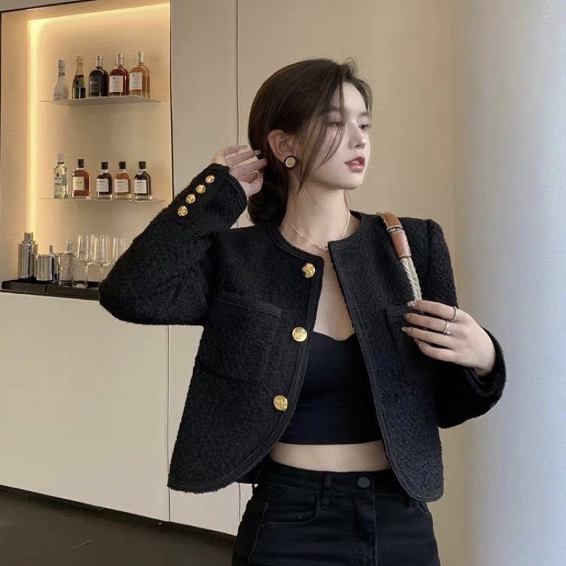 Áo Dạ Tweed Đen Khuy Vàng Dáng Ngắn Hàng 2 Lớp Có Đệm Vai Có Ảnh Thật Kèm Video