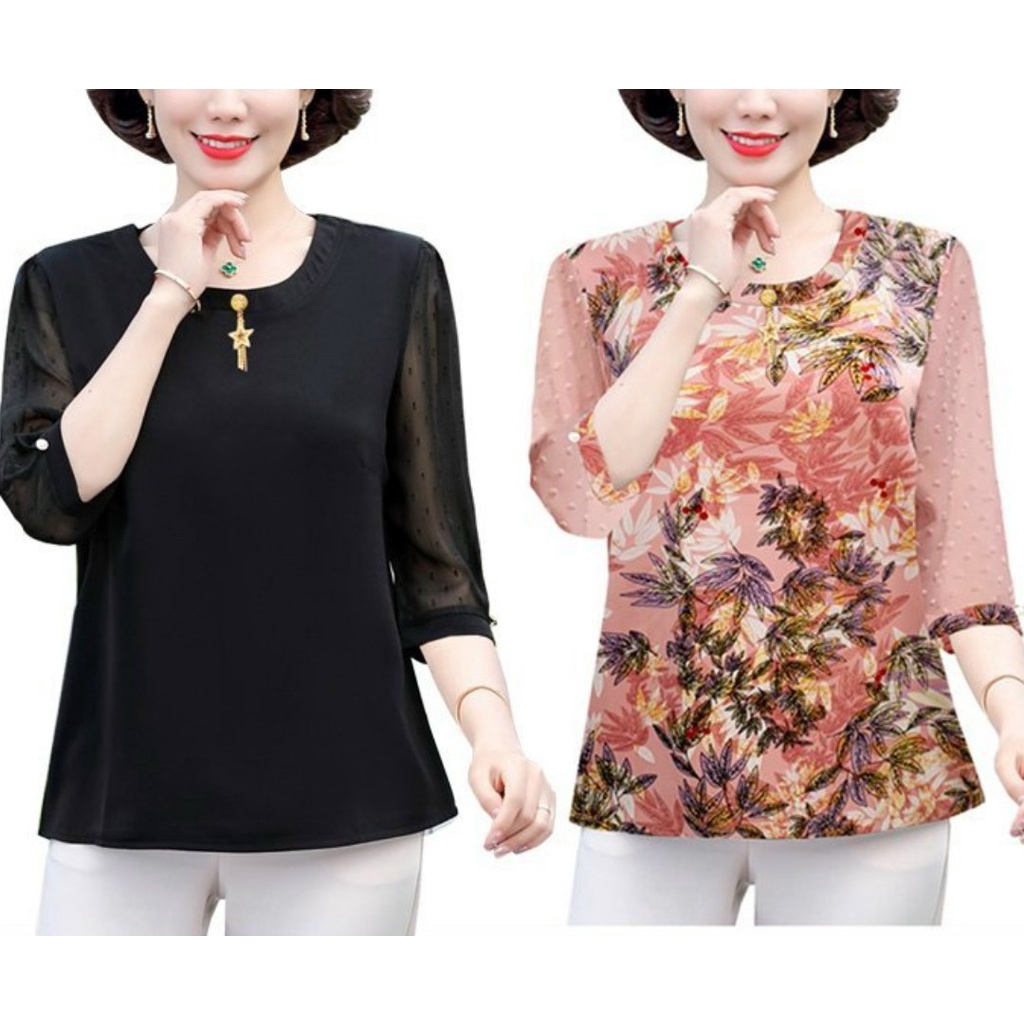 SHOPPRO - THỜI TRANG TRUNG NIÊN - ÁO SƠ MI TRUNG NIÊN CỔ TRÒN PHỐI PHỤ KIỆN SAO RƠI THANH LỊCH TẶNG MẸ U50 U60 3A17 3A21